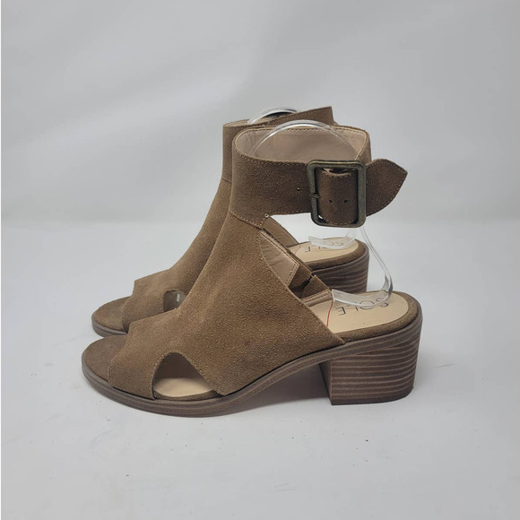 Sole Society Tally Sandal Size 6.5M Round Open Toe Block Heel Honey Suede Upper - Picture 4 of 8